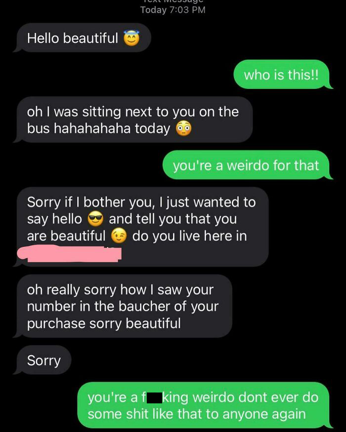 Text conversation showcasing infuriating behavior of men approaching women with unsolicited messages.