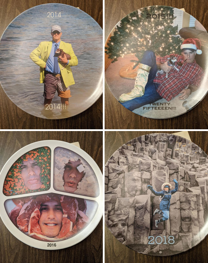 Collage of funny trolling Christmas gifts featuring quirky photos and humor from 2014 to 2018.