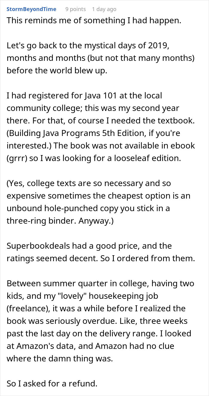 Text recounting a customer's persistence with a stuck Java textbook order, leading to a refund request.