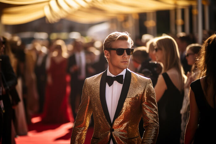 Man in gold jacket on a red carpet, embodying romanticized but awful glamour of celebrity culture.