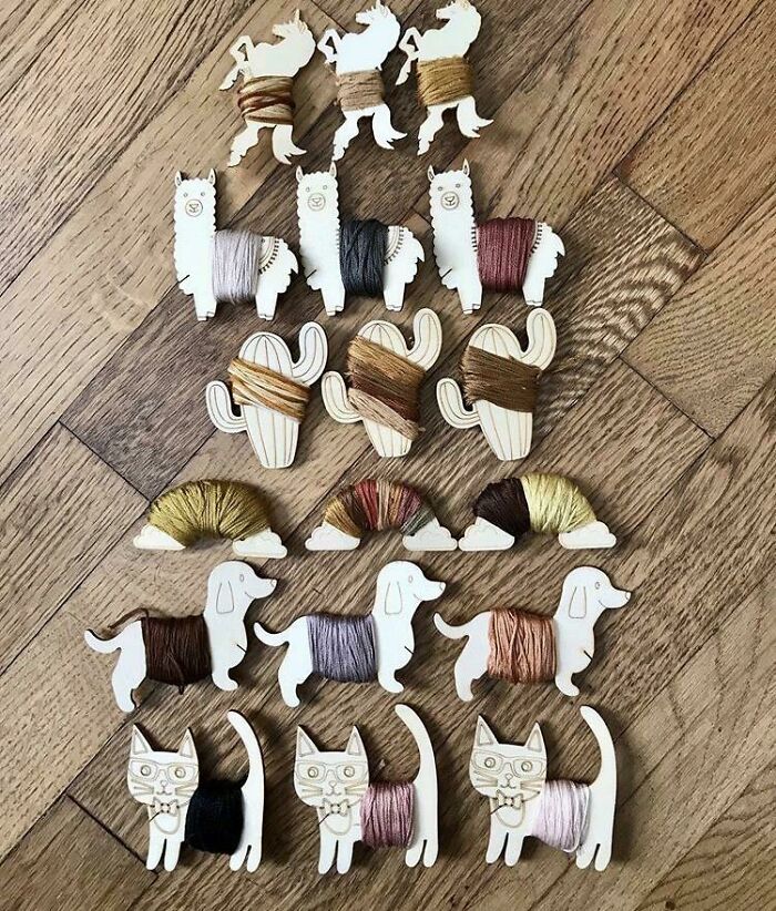 Wooden animal shapes with colorful threads showcase unexpected unique collections.