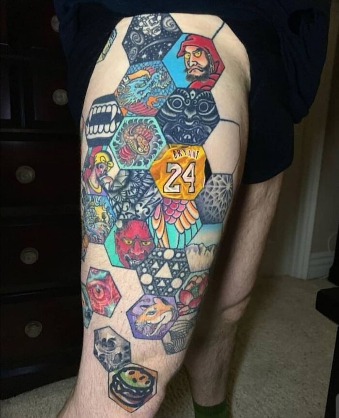 Tattoo featuring unexpected unique collections of colorful hexagonal designs on a person's leg.