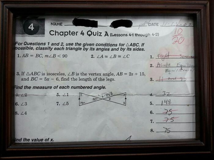 Framed math quiz with humorous Christmas gift trolling theme, highlighting wrong answers.