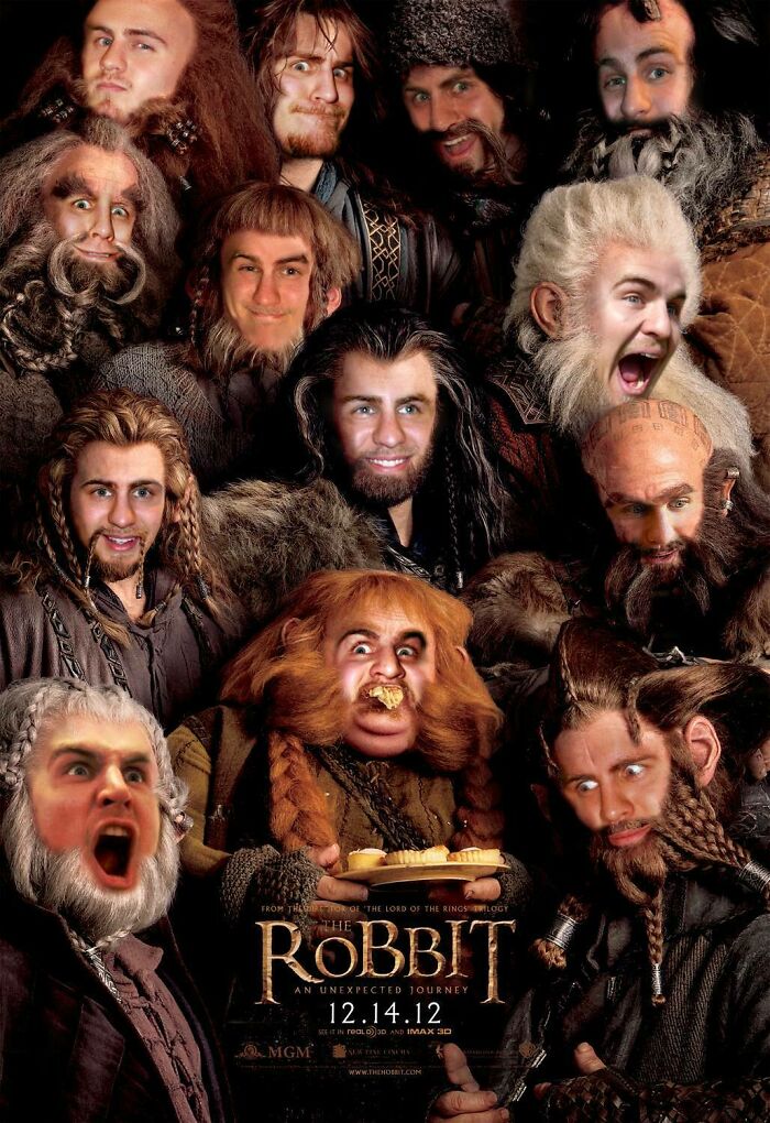 Group of dwarves with replaced faces in a funny Christmas gift prank, parodying a movie poster.