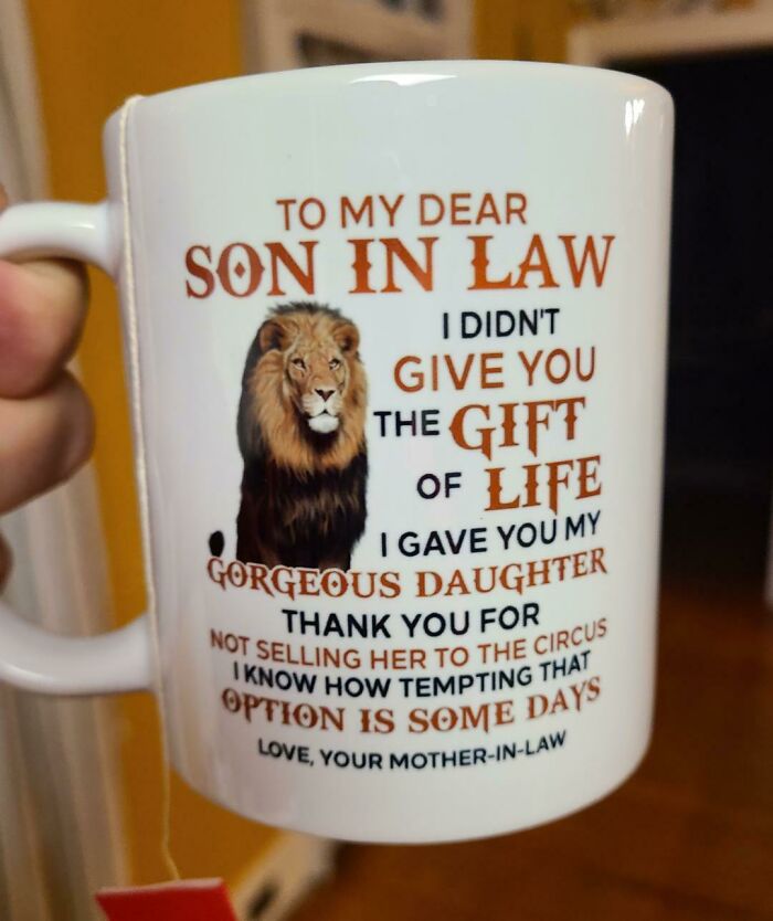 Mug with a funny message for a son-in-law featuring a lion, perfect for trolling Christmas gifts.