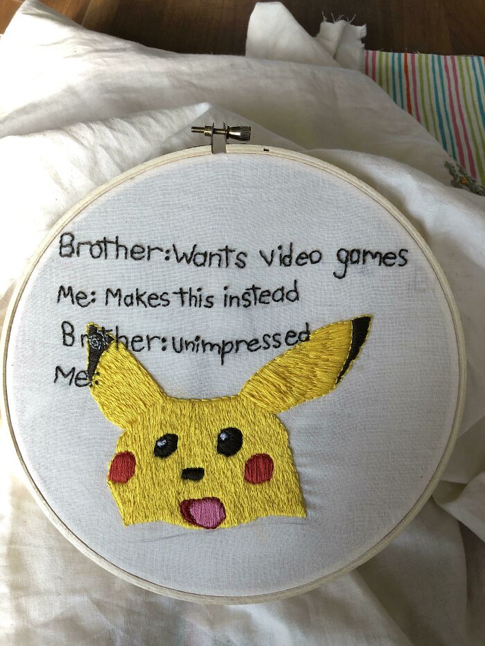 Embroidery hoop with funny Pikachu design, a perfect trolling Christmas gift idea.