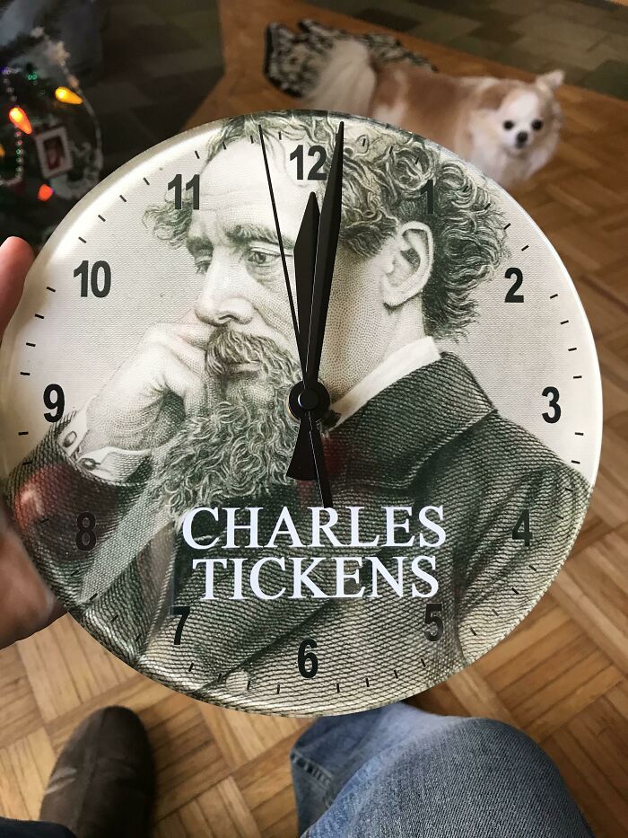 Clock featuring a humorous Charles Dickens theme as a trolling Christmas gift.