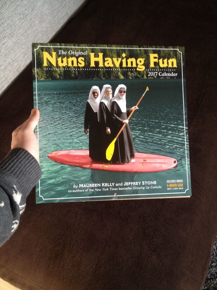 Calendar titled "Nuns Having Fun" with nuns on a paddleboard; a hilarious trolling Christmas gift idea.