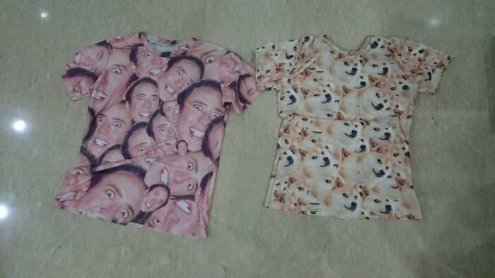 Two t-shirts with hilarious trolling designs: one with multiple face prints and another with a dog pattern.