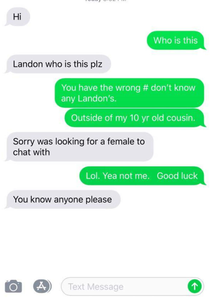 Text exchange showing an infuriating attempt by a man approaching a woman via text, despite a wrong number.