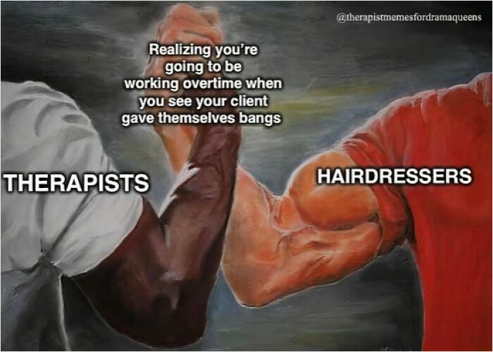 Two muscular arms labeled therapists and hairdressers clasp hands, with a caption about working overtime after clients cut bangs.