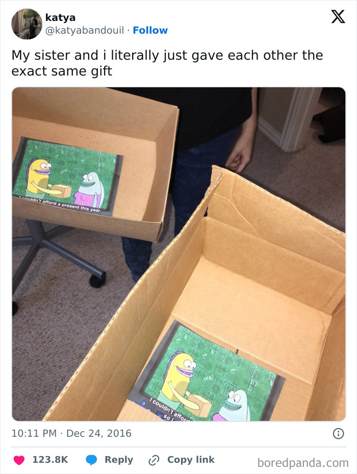 Boxes with identical trolling Christmas gifts featuring a humorous meme.