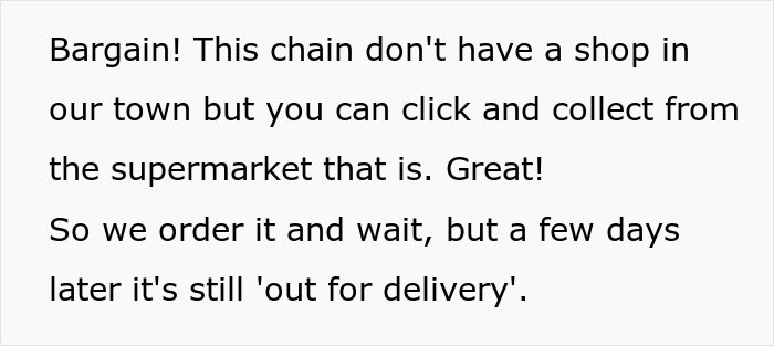 Text explaining a customer’s order delay and persistence in delivery process.