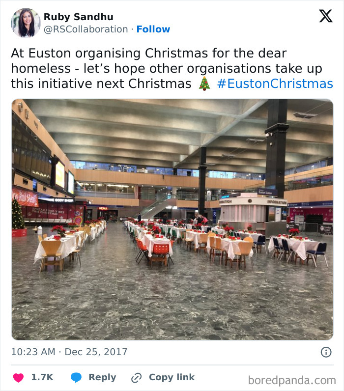 Christmas setup at Euston Station with tables prepared for a wholesome celebration for the homeless.