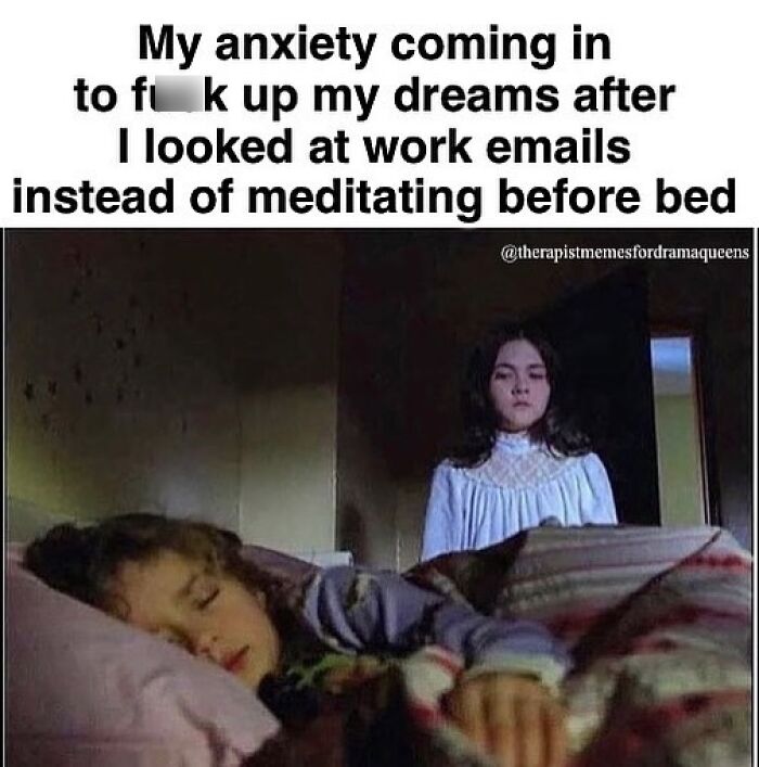 Hilarious therapy meme showing anxiety as a child watching another child sleep, highlighting work email stress.