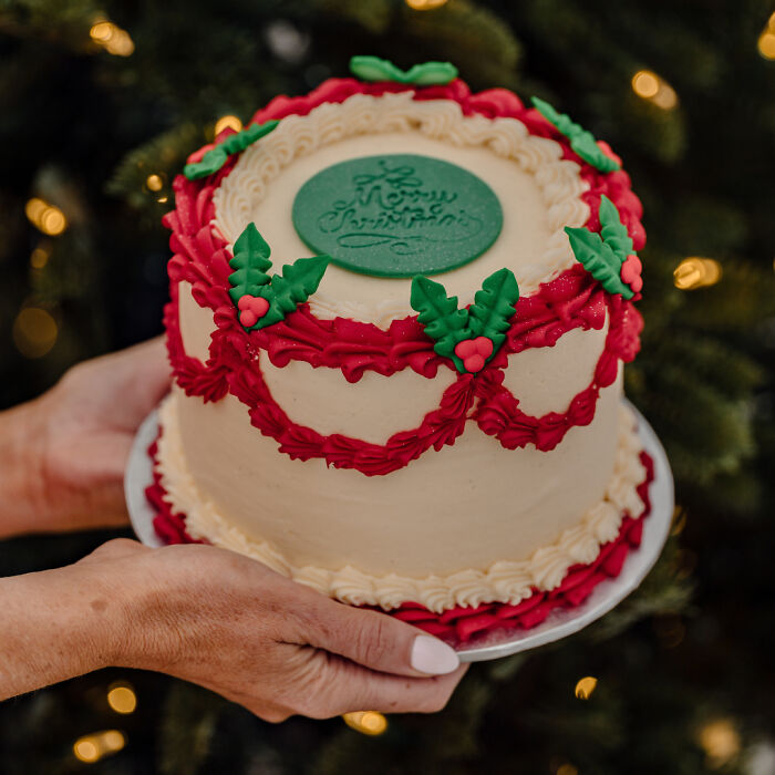 Festive Christmas snack food with holly decoration on a cake, held by hands in front of a Christmas tree.