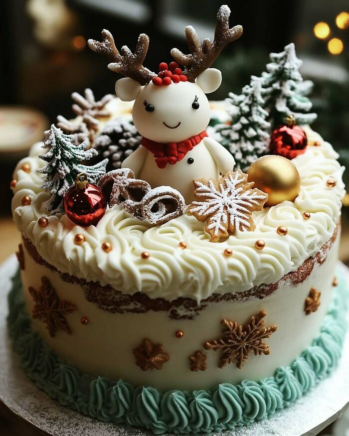 Festive cake with a reindeer topper, snowflake cookies, and Christmas decorations, perfect for Christmas snack food ideas.