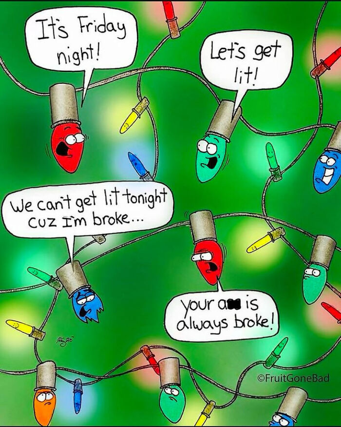 Comic with Christmas lights having a playful conversation, showcasing funny and slightly inappropriate humor.