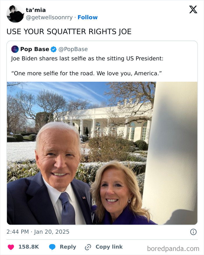 A humorous tweet featuring a selfie of a couple in front of the White House in January.