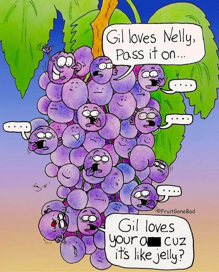 Comic featuring funny and slightly inappropriate talking grapes on a vine, with humorous conversations.