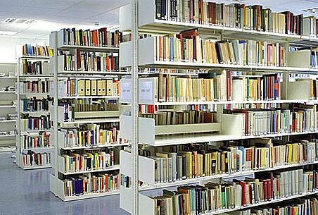 Shelves of the library. The library of the Stasi Records Agency is open to the public.