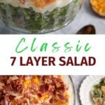 A glass bowl filled with a 7 layer salad.