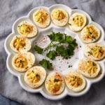 An egg platter with deviled eggs.