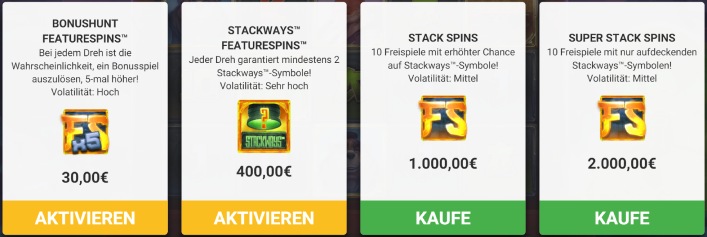 ©Hacksaw Gaming | Die vier Bonuskaufangebote und ihre Kosten bei einem Grundeinsatz von 10€.