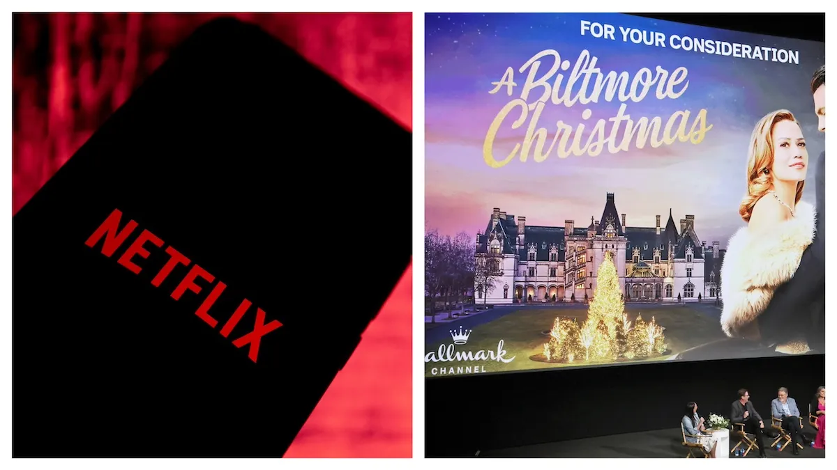 Netflix logo on a phone next to an image for the Hallmark movie 'A Biltmore Christmas' projected on a screen at an event