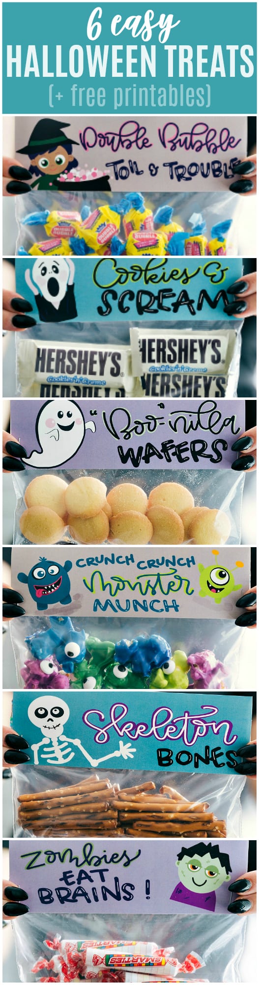 6 fun and festive easy Halloween bags filled with delicious treats! These candies/treats are put in a snack-size ziplock bag and you can staple on the FREE printable bag toppers! via chelseasmessyapron.com #halloween #gift #favor #party #dessert #candy #treat #easy #quick #free #printable #witch #pumpkin #dracula #zombie #mummy #ghost #skeleton #monster #zombies #kids #healthy #healthier #simple #fun #halloween #decor