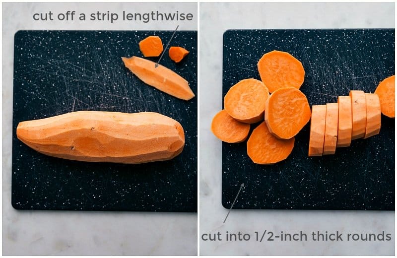 Shot of cutting a sweet potato into rounds