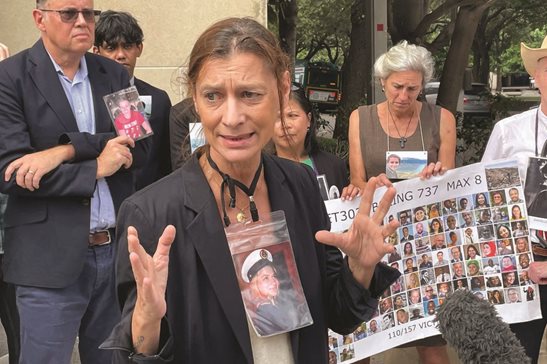 Catherine Berthet, whose daughter Camille Geoffrey died in the March, 2019, crash of an Ethiopian Airlines 737 Max, speaks outside federal court Friday in Fort Worth, Texas. Lawyers representing victims’ families are asking a federal judge to throw out a plea agreement that Boeing struck with federal prosecutors.