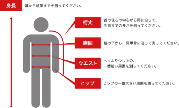 身長：踵から頭頂までを測ってください。 裄丈：首の後ろの中心から肩に沿って、手首までの長さを測ってください。 ウエスト：へそより少し上の、一番細い周囲を測ってください。 ヒップ：ヒップの一番大きい周囲を測ってください。