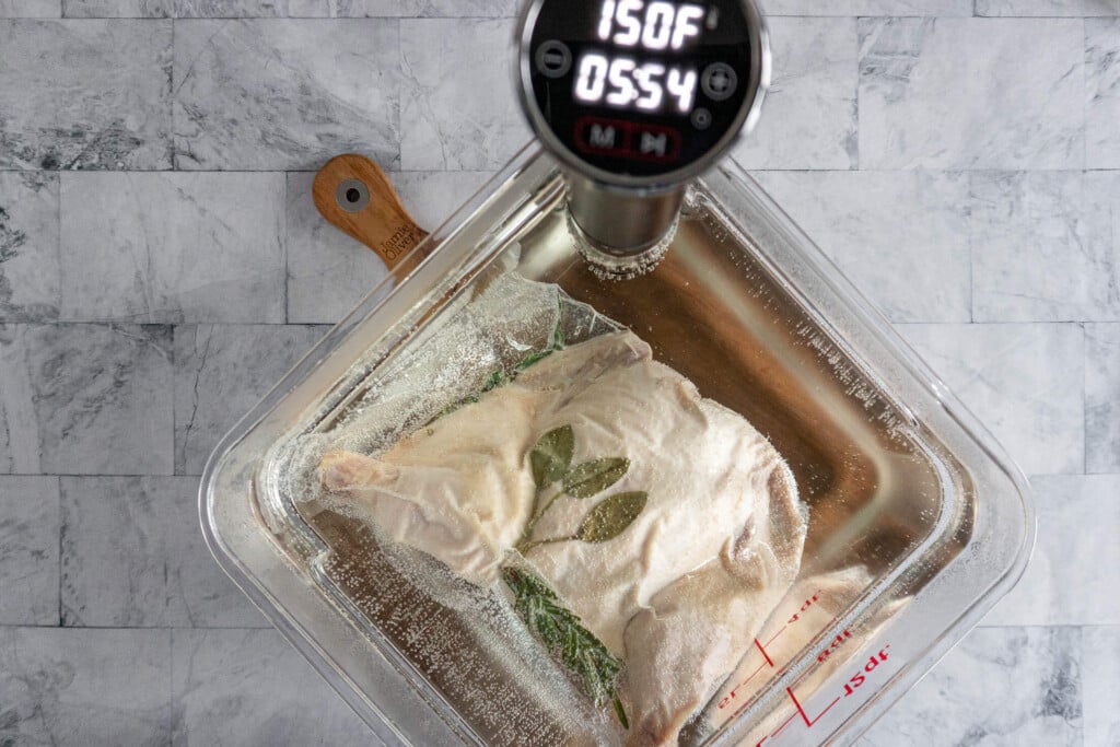 Chicken in sous vide water bath. 