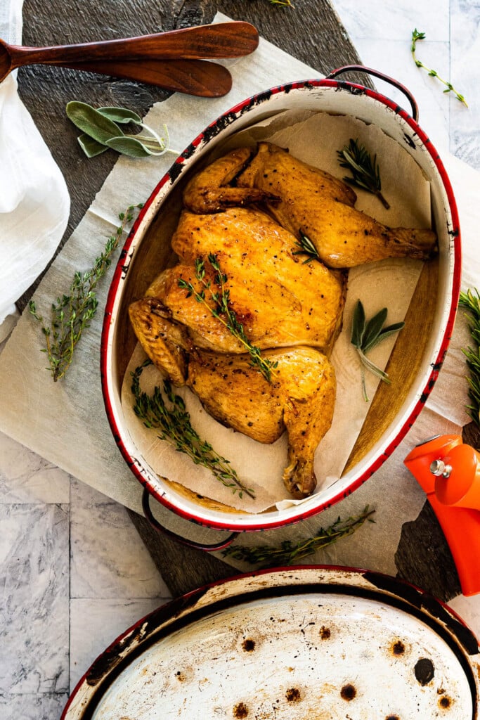 Sous vide chicken in a roaster.