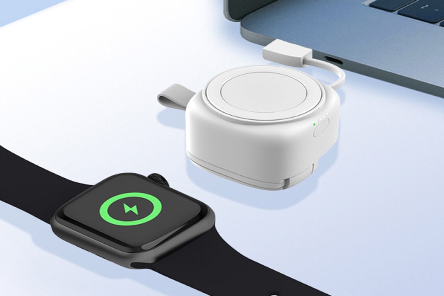 Product photo of portable Apple Watch charger with wireless capabilities as well as built-in USB-C and USB-A cables