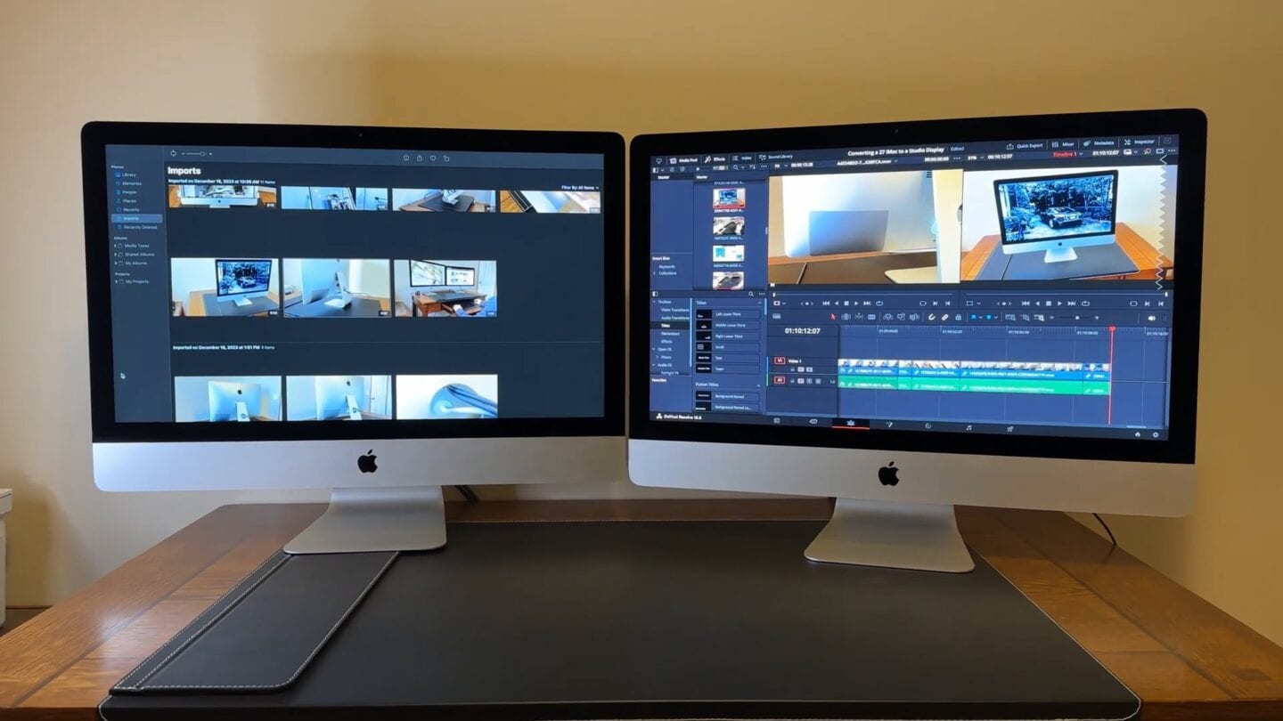 Photo of what appears to be two iMacs sitting side by side, although one is actually acting as a second display to the other one.