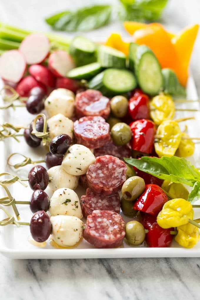 These antipasto skewers are an assortment of italian meats, cheeses, olives and vegetables threaded onto a stick for a super easy yet elegant appetizer.