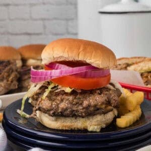 A cheeseburger with lettuce, tomato, and red onion on a bun rests on a blue plate alongside crispy waffle fries. As part of Meal Plan 38, another burger is tantalizingly blurred in the background.