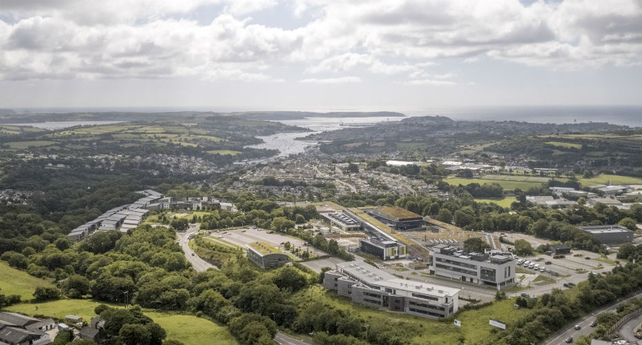 An aerial shot of penryn campus and the coast.