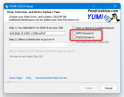 「NTFS Format 〇:」「Fat32 Format 〇:」のどちらかにチェックを入れる