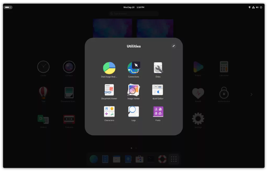 Screenshot of GNOME 45 activities view