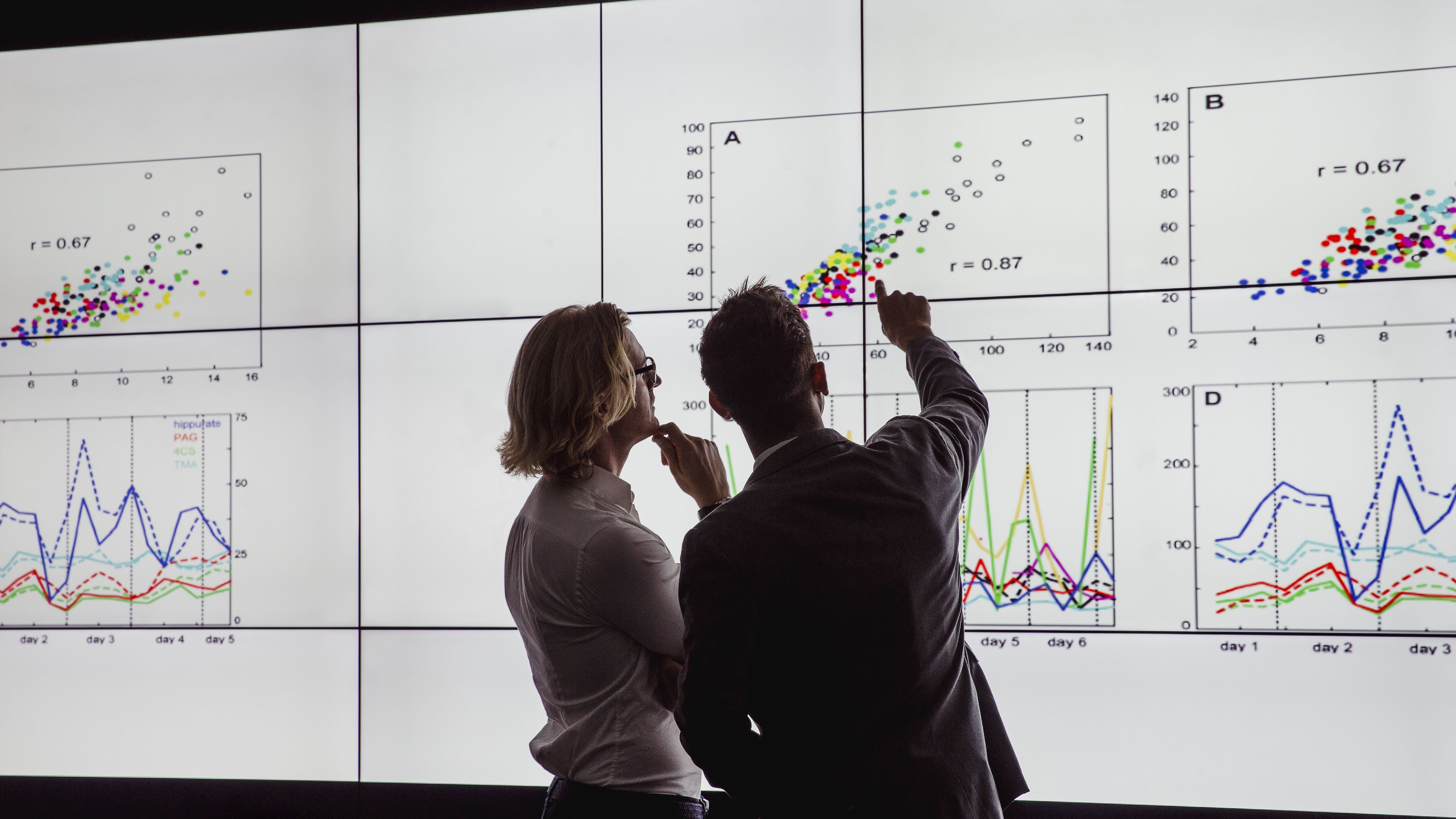 Two people looking at data projection screens