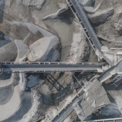 Aerial view of crushed stone quarry machine in a construction material factory stock photo