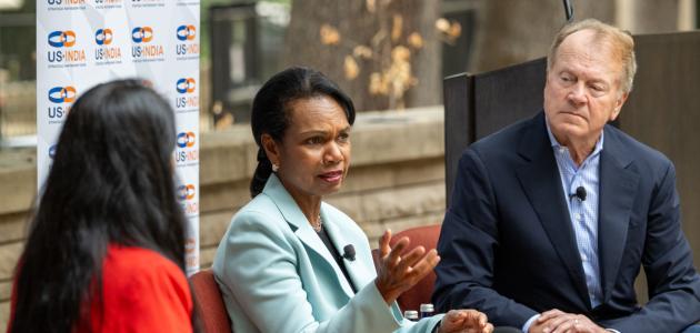 Hoover Institution Director Condoleezza Rice appears on a panel with NDTV’s Maha Siddique and former Cisco Chairman John Chambers at the INDUS-X Summit at Stanford on September 10, 2024. ((US-India Strategic Partnership Forum)