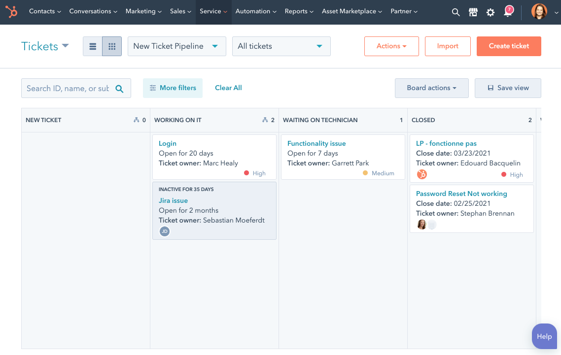  HubSpot ticketing system tool showing Kanban board