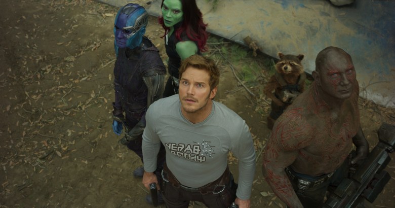 Guardians Of The Galaxy Vol. 2..L to R: Nebula (Karen Gillan), Gamora (Zoe Saldana), Star-Lord/Peter Quill (Chris Pratt), Groot (voiced by Vin Diesel), Rocket (voiced by Bradley Cooper) and Drax (Dave Bautista)..Ph: Film Frame..©Marvel Studios 2017