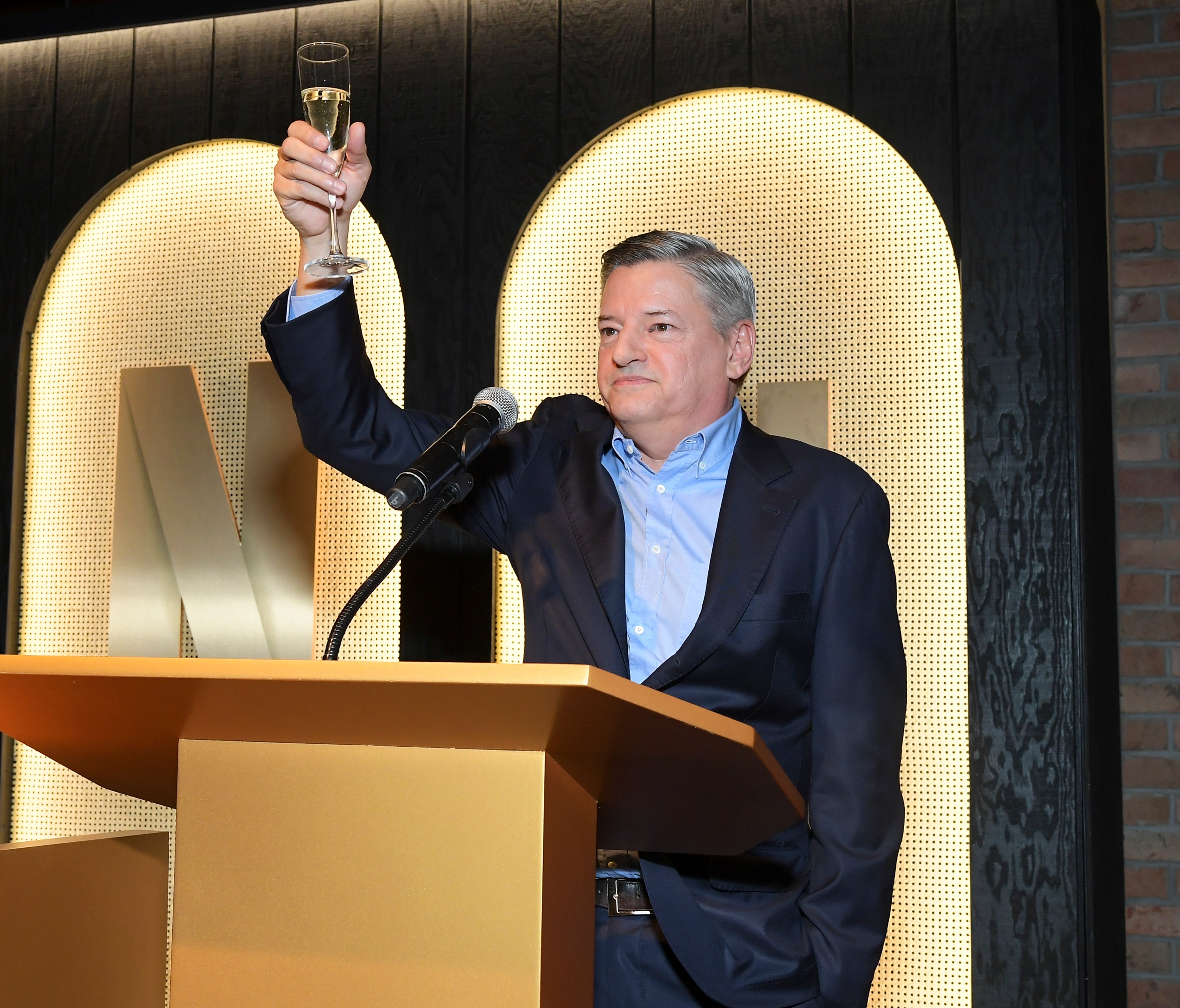 WEST HOLLYWOOD, CALIFORNIA - JANUARY 08: Netflix CEO Ted Sarandos speaks during the Netflix Golden Globe and Critics Choice Nominee Toast at Catch LA on January 08, 2023 in West Hollywood, California. (Photo by Charley Gallay/Getty Images for Netflix)