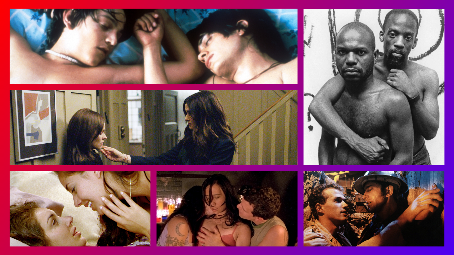 (Clockwise from bottom left): 'I Can't Think Straight,' 'Disobedience,' 'Y tu mamá también,' 'Tongues Untied,' 'Querelle,' and 'Shortbus'