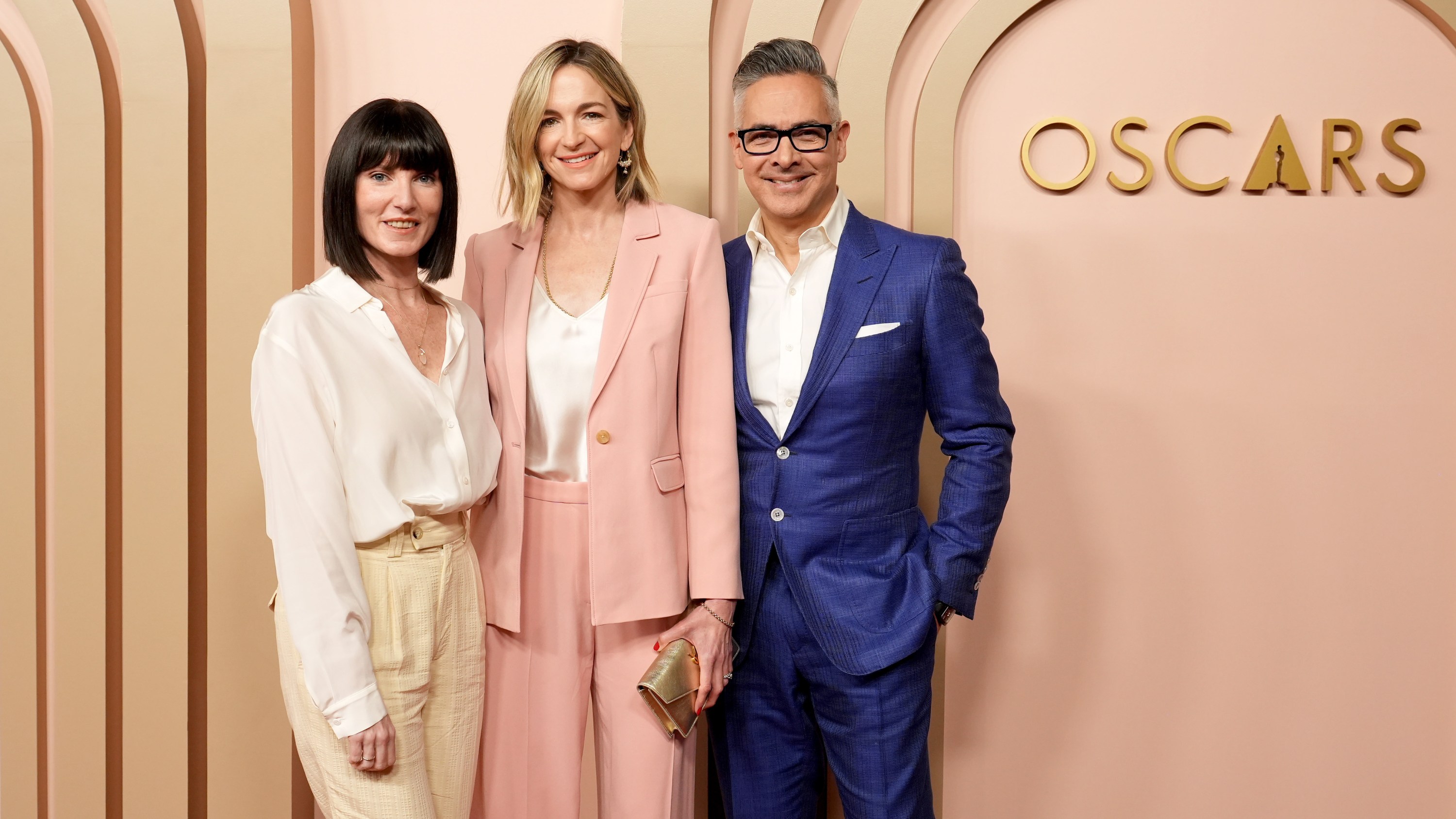 BEVERLY HILLS, CALIFORNIA - FEBRUARY 12: (L-R) Katy Mullan, Molly McNearney and Raj Kapoor attend the 96th Oscars Nominees Luncheon at The Beverly Hilton on February 12, 2024 in Beverly Hills, California. (Photo by JC Olivera/Getty Images)